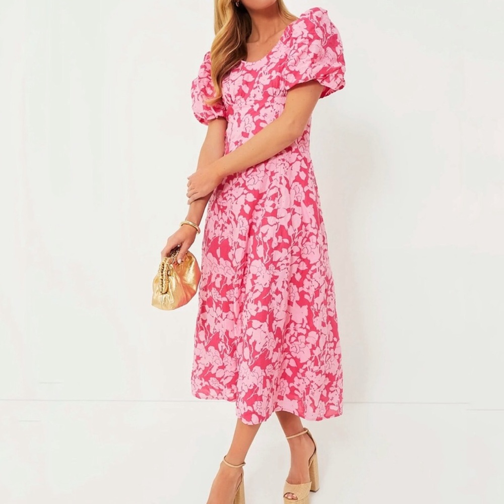 Hyacinth House Pink Floral Puff Sleeve empire Ella midi dress size small